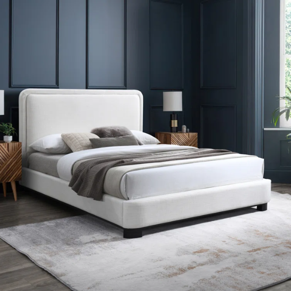 Luxurious Linen Textured Fabric King Size Upholstered Panel Bed with Solid Wood Base