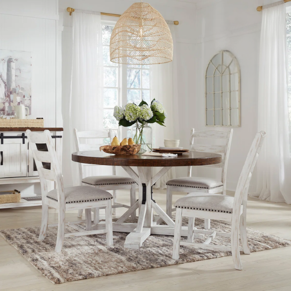 Rustic White Distressed Solid Wood Upholstered Side Chairs (Set of 2) – Farmhouse Dining Accent Seating