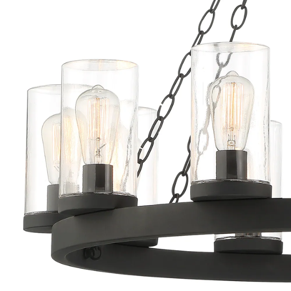 10-Light Farmhouse Black Wagon Wheel Chandelier – Rustic Metal and Clear Glass Ceiling Light for Dining Room, Foyer, Living Room, or Bedroom