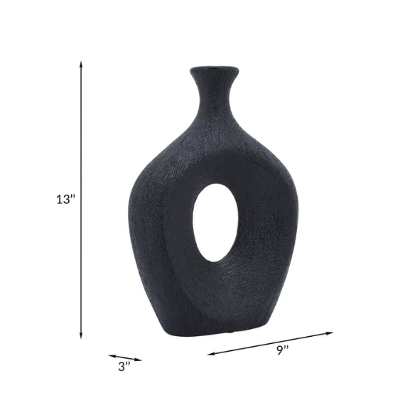 Abstract Sculptural Ceramic Vase with Unique Oval Cut-Out Design – 13" Modern Beaded Accent Vase for Tabletop or Shelf Décor, Ideal for Faux Florals and Statement Styling