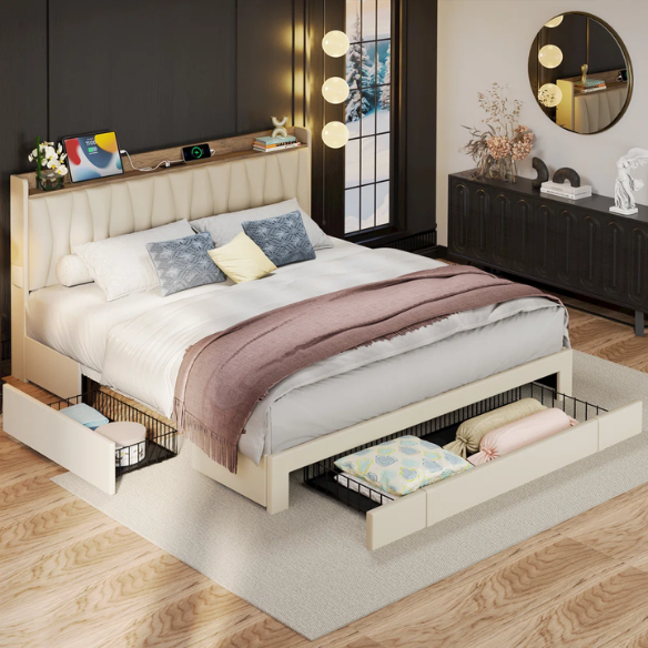 Modern Upholstered King Size Bed Frame with 3 Storage Drawers, Soft Foam Headboard, and Built-in Charging Station