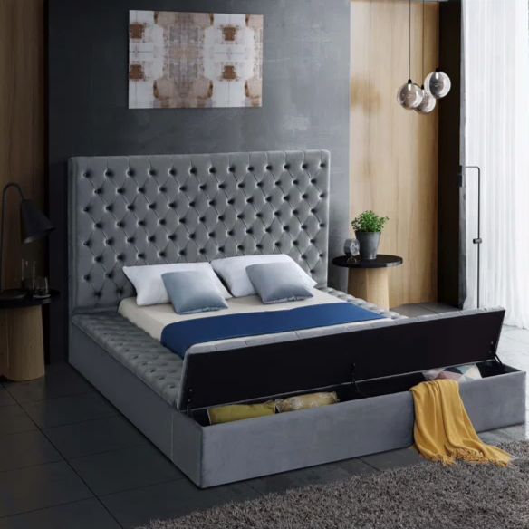 Elegant Velvet Upholstered King Size Platform Storage Bed with Tufted Headboard and Slats