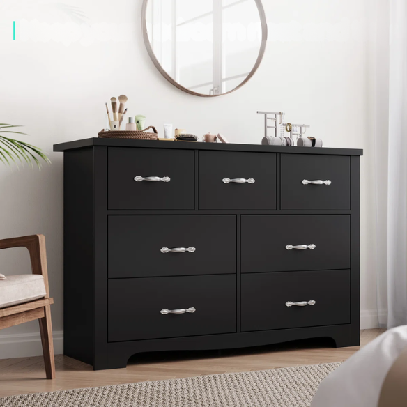 French Country-Inspired 47.2" 7-Drawer Double Dresser with Scalloped Apron and Elegant Metal Handles