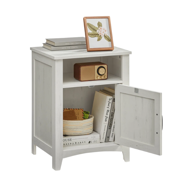 Farmhouse Nightstand with Cabinet & Open Compartment – Rustic Bedside Table, Distressed Finish, Barn Door Style, Matte Black Metal Handles, Flared Legs, Versatile Storage for Bedroom or Living Room