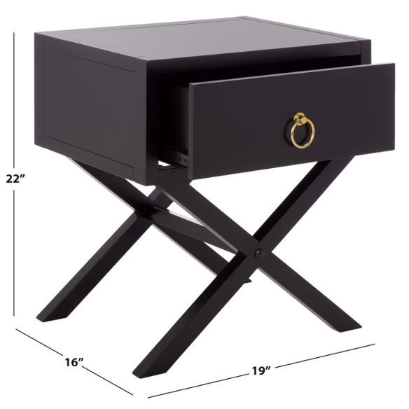 1-Drawer Nightstand – Classic Campaign Style with Contemporary Chic, Acacia Wood Frame, Cross-Base Design, Bold Finish, Gold Drawer Pull, Perfect for Modern Bedrooms