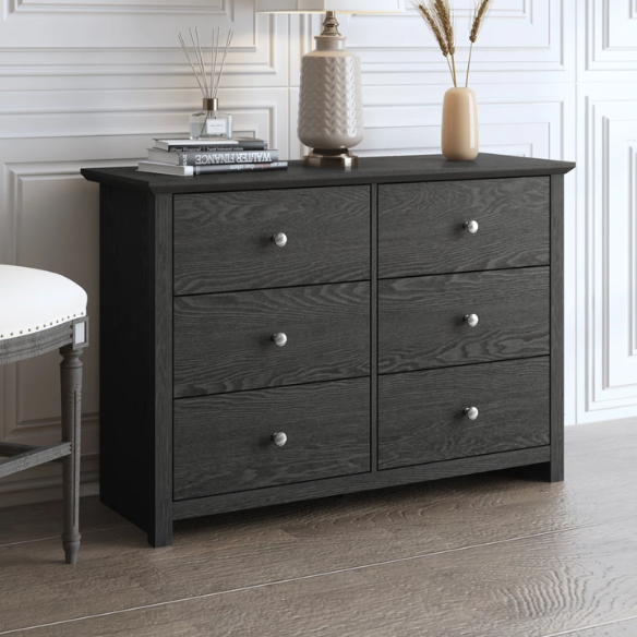 Modern 6-Drawer Double Dresser with Angled Sled Legs and Round Metal Hardware