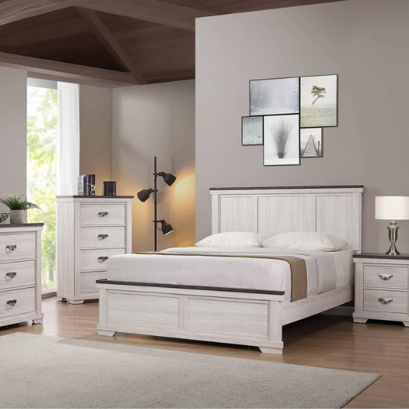Luxurious Rustic Solid Wood 5-Piece Twin Bedroom Set: Cream & Brown Panel Bed, Dresser, Mirror, Nightstand, and Chest