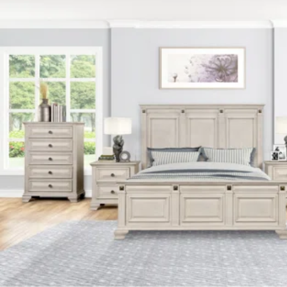 Solid Wood Panel 3-Piece Bedroom Set – Renova Distressed Parchment Wood Panel Bed with Vintage Black Finish, Muted Silver Accents, Fluted Pilasters, and French Bracket Foot Bases – Timeless Traditional Style with Raised Beveled Drawer Fronts