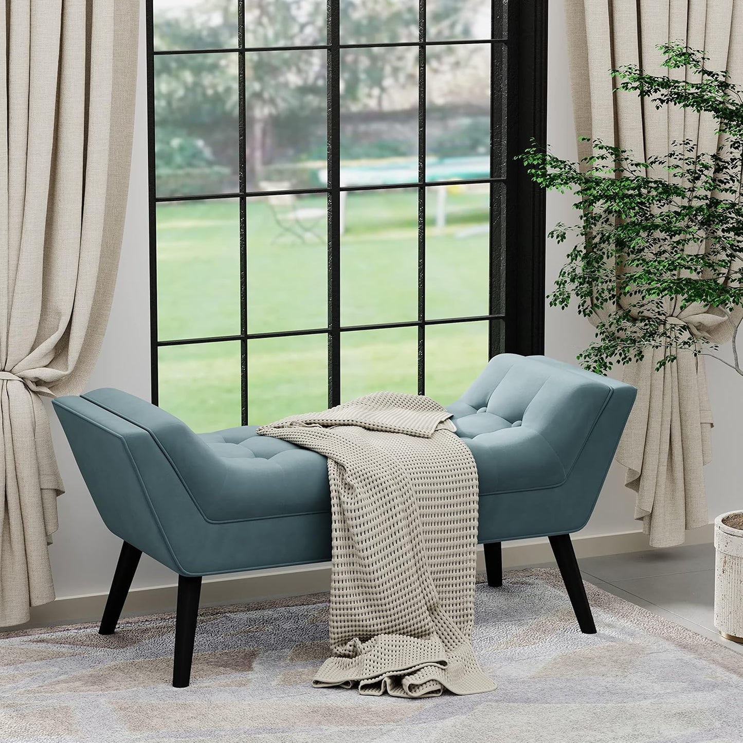 Blue tufted fabric bench with solid wood frame, modern design, and button-tufted upholstery for added comfort and style. Ideal for living room, bedroom, or entryway seating.