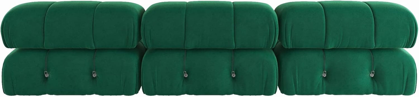 Modern emerald green velvet sectional sofa with plush upholstery, button tufting, and durable wood frame. Versatile design with individual seat cushions for ultimate comfort, supporting up to 330 lbs per seat. Perfect for living rooms, offering easy assembly and a sleek, contemporary style.