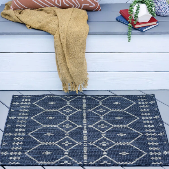 Boho-Inspired Navy & Grey Geometric Rug – Fade & Stain-Resistant, Low-Pile, Perfect for High-Traffic Indoor/Outdoor Spaces
