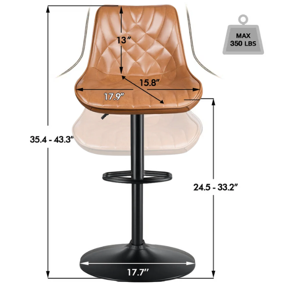 Set of 2 Adjustable Height Swivel Bar Stools with Back – Mid-Century Modern Design, Polished Chrome Base, Ergonomic Imitation Leather Seat, 360° Rotation for Kitchen Island or Bar