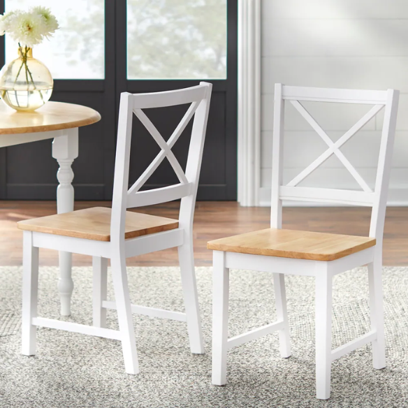 5-Piece Dining Set – Two-Tone Round Table with Drop Leaves & Cross-Back Chairs