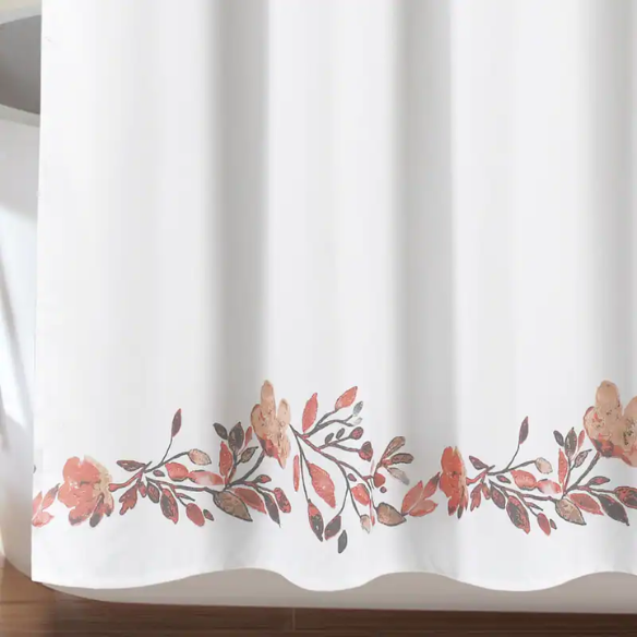 Blush and Grey Floral Vine Shower Curtain – Shabby Chic Farmhouse Style, 72" x 72"