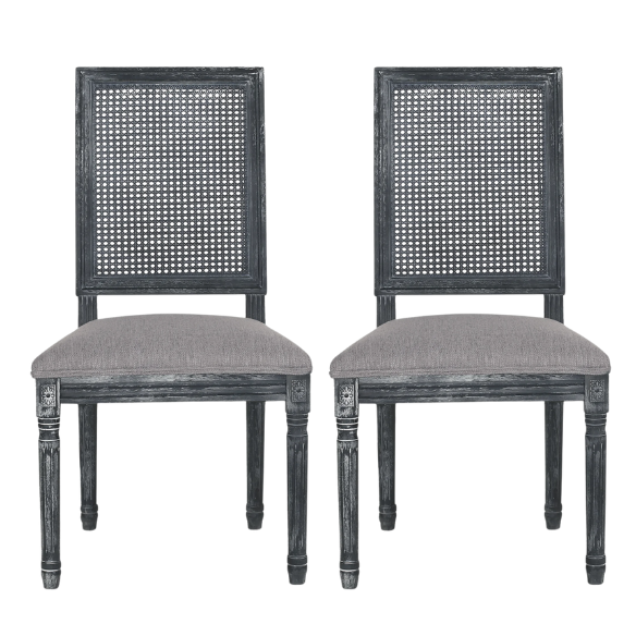 French Country Wood and Cane Upholstered Dining Chairs – Weathered Rubberwood Frame with Fluted Legs & Rectangular Cane Backrest
