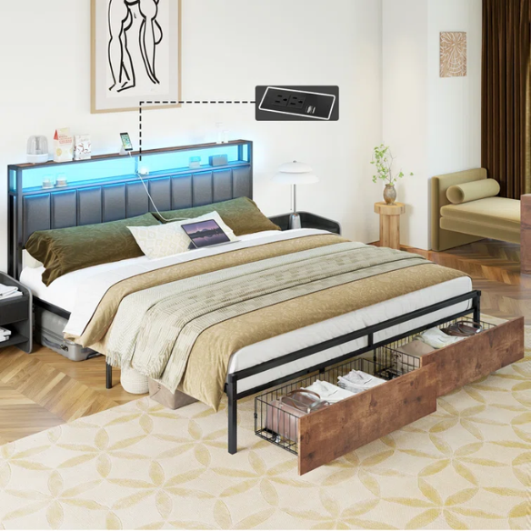 Modern LED King Size Bed Frame with Storage Drawers and Built-in Charging Station