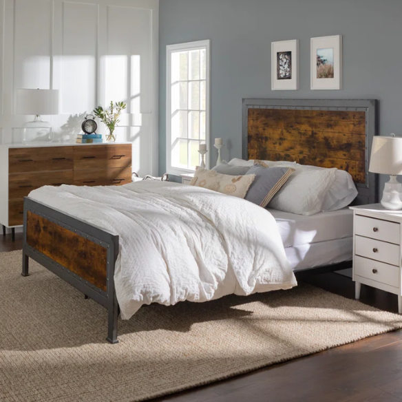 Rustic Industrial Queen Size Bed with Wood-Look Center – Sturdy and Stylish Design