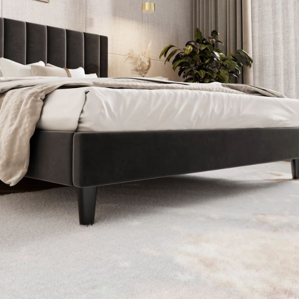 Luxurious Upholstered Platform Bed – Full/Double Size with Velvet Upholstery and Striped Headboard for Elegant Comfort