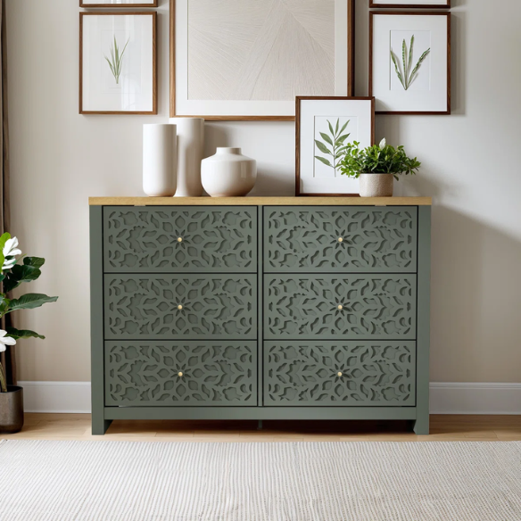 Boho-Inspired 45.4" 6-Drawer Dresser with Distressed Finish and Openwork Floral Details