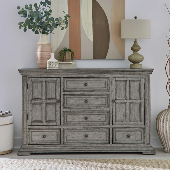 4-Piece Panel Bed, Dresser, Mirror & Nightstand Set with Antique Pewter Accents and Charging Station – Distressed Whitestone Finish, Rubberwood Solids, and Architectural Det