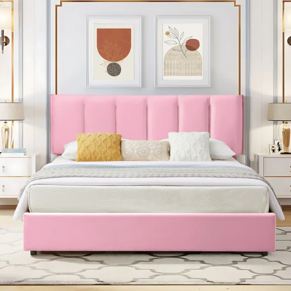 Velvet Upholstered Queen Size Platform Bed with Adjustable Headboard and 4 Storage Drawers