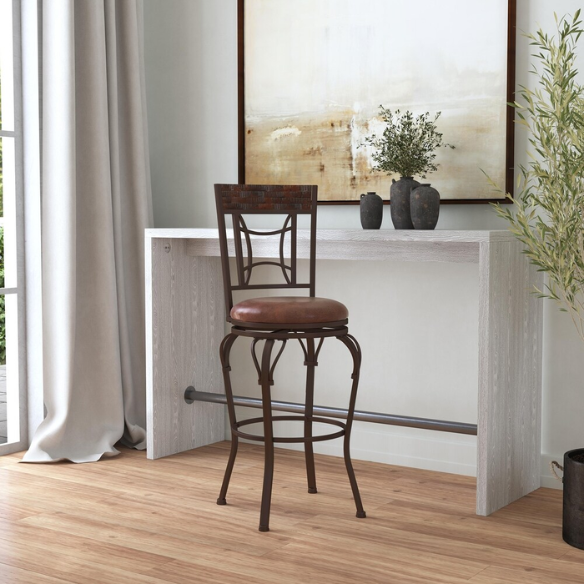 Metal Swivel Stool – Dark Chestnut Finish with Distressed Wood Rail, Geometric Back Design, Antique Brown Faux Leather Seat, 360° Swivel, Counter & Bar Height Options