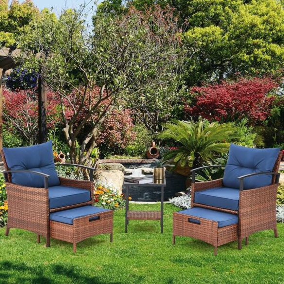 Patio Furniture Set | Outdoor Rattan Chairs with Tempered Glass Coffee Table, Ottomans, and Soft Cushions | Stylish Wicker Conversation Set