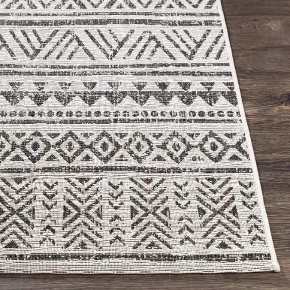 Striped Geometric Area Rug – Charcoal & Off-White, Durable Polypropylene, Low-Pile Design for High-Traffic Indoor/Outdoor Spaces