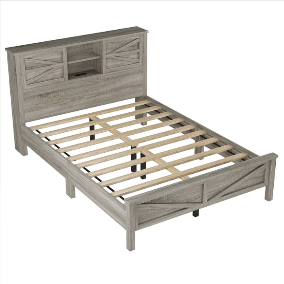 3-Piece Farmhouse Queen Bedroom Set – Platform Bed with Sliding Door Storage Headboard and Charging, Nightstand, and Dresser – Modern Design with Ample Storage