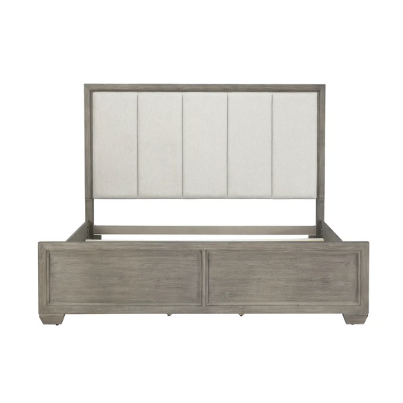 6-Piece Gray Wood Bedroom Set with Upholstered Panel Bed, Dresser, Mirror, 2 Nightstands, and Chest – Elegant and Timeless Design