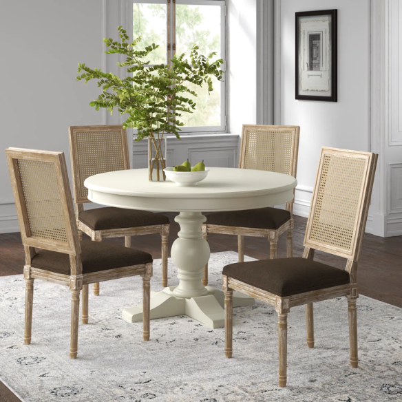French Country Wood and Cane Upholstered Dining Chairs – Weathered Rubberwood Frame with Fluted Legs & Rectangular Cane Backrest