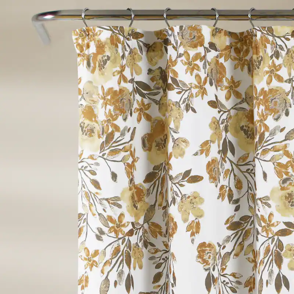 Yellow and Grey Floral Vine Shower Curtain – Shabby Chic Farmhouse Style, 72" x 72"