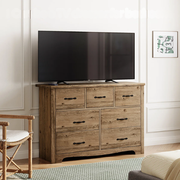 French Country-Inspired 47.2" 7-Drawer Double Dresser with Scalloped Apron and Elegant Metal Handles