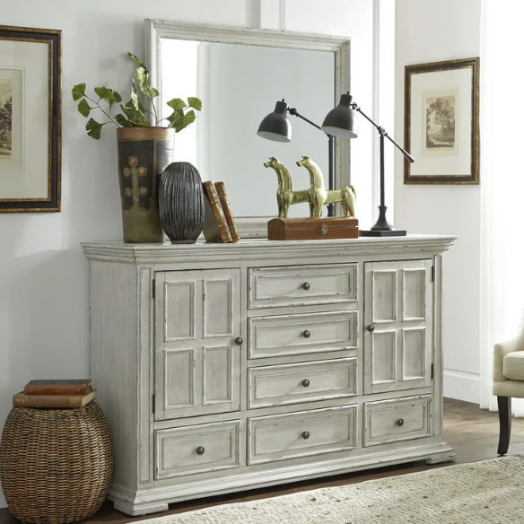 4-Piece Panel Bed, Dresser, Mirror & Nightstand Set with Antique Pewter Accents and Charging Station – Distressed Whitestone Finish, Rubberwood Solids, and Architectural Det