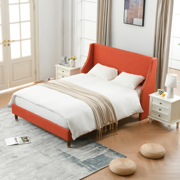 Elegant Linen Wingback Upholstered Platform Bed Frame – Luxurious Full Double Size Design with Gold Piping, Sturdy Support, and Effortless Assembly