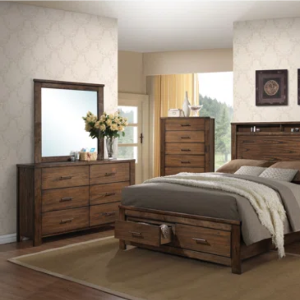 Rustic Cabin-Inspired 3-Piece King Bedroom Set – Durable Bed with Headboard Shelves and Footboard Drawers, Matching Nightstand and Dresser for Ample Storage