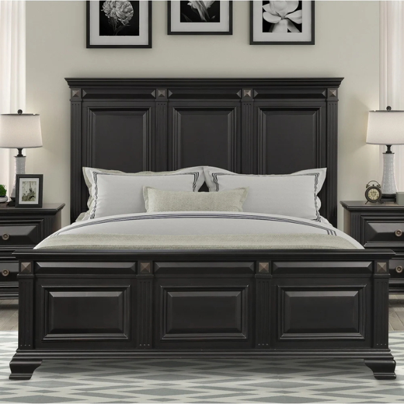 4-Piece Vintage Black Wood Panel Bedroom Set with Distressed Parchment Finish – Traditional Elegance with Silver Accents, Beveled Drawer Fronts, and Brass Rosette Knob Hardware