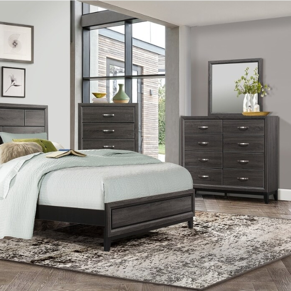 5-Piece Gray Modern Panel Bedroom Set with Wood Grain Accents & Nickel Metal Hardware