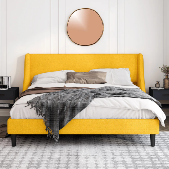 Luxurious King Size Upholstered Platform Bed with Deluxe Wingback Headboard – Soft Velvet and Linen Blend Upholstery, Sturdy Solid Wood Frame, and Modern Minimalist Design for Ultimate Comfort
