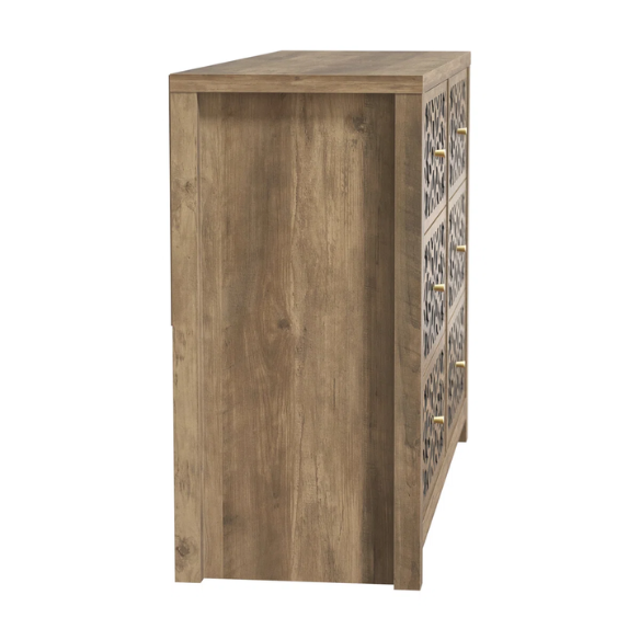 Boho-Inspired 45.4" 6-Drawer Dresser with Distressed Finish and Openwork Floral Details