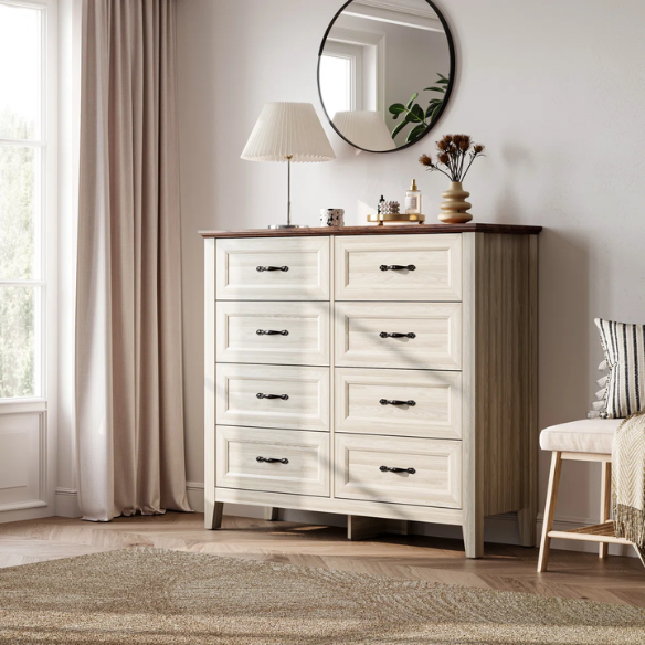 French Country-Inspired 8-Drawer 47.3" Double Dresser with Rustic Finish, Crown Molding, and Tapered Legs