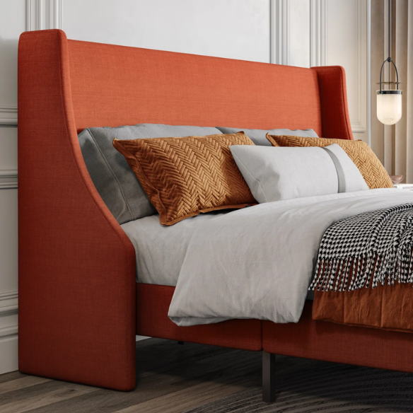 Modern Queen Size Upholstered Platform Bed with Deluxe Wingback and Linen Blend Fabric