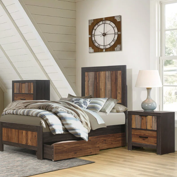 3-Piece Dark Ebony and Rustic Mahogany Modern Panel Bedroom Set – Embossed Faux-Wood Veneer, Rich Acacia Tones, and Dark Metal Hardware