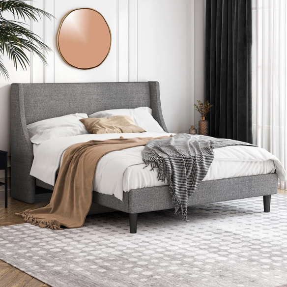 Modern Queen Size Upholstered Platform Bed with Deluxe Wingback and Linen Blend Fabric