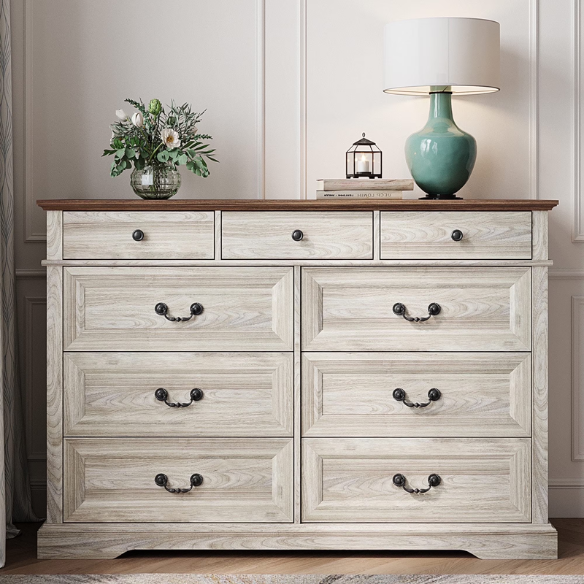 Rustic Modern 9-Drawer 53.5'' Double Dresser with Inset Paneling, Crown Molding, and Customizable Metal Handles
