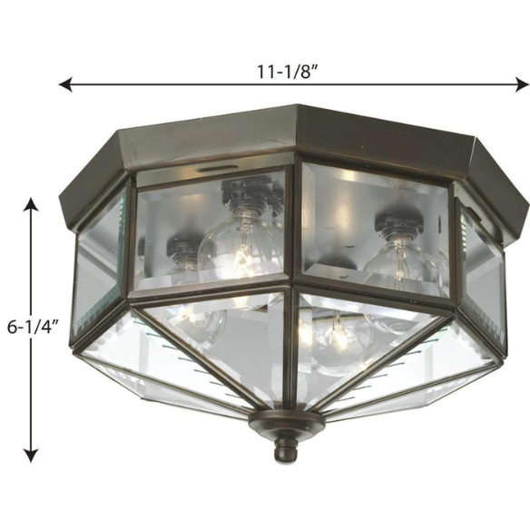Four-Light Beveled Glass Close-to-Ceiling Fixture in Antique Bronze – Elegant Octagonal Ceiling Light with Clear Beveled Glass for Ambient Overhead Lighting