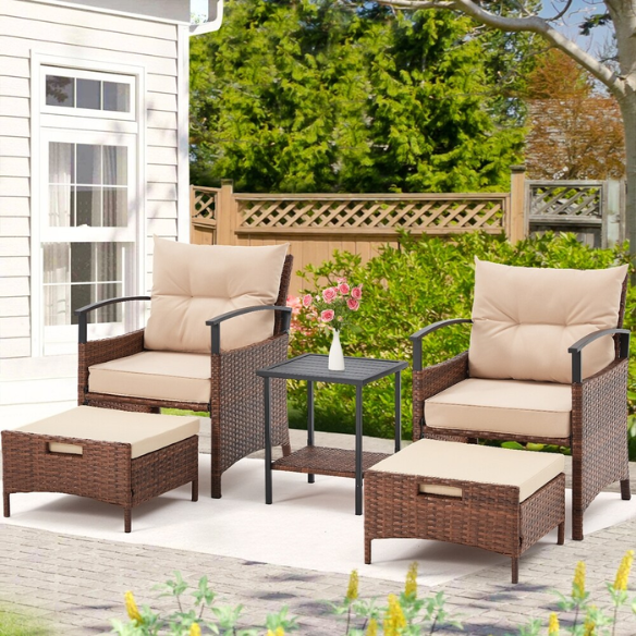 Patio Furniture Set | Outdoor Rattan Chairs with Tempered Glass Coffee Table, Ottomans, and Soft Cushions | Stylish Wicker Conversation Set