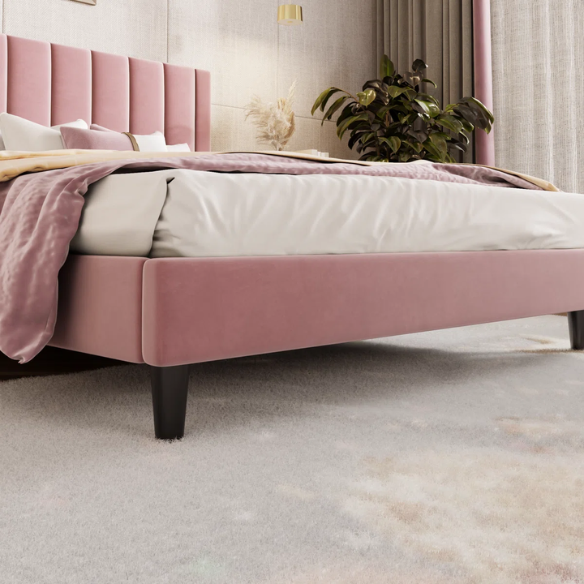 Luxurious Upholstered Platform Bed – Full/Double Size with Velvet Upholstery and Striped Headboard for Elegant Comfort