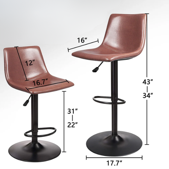 Set of 2 Adjustable Height Swivel Bar Stools with Back – Mid-Century Modern Design, Polished Chrome Base, Ergonomic Imitation Leather Seat, 360° Rotation for Kitchen Island or Bar