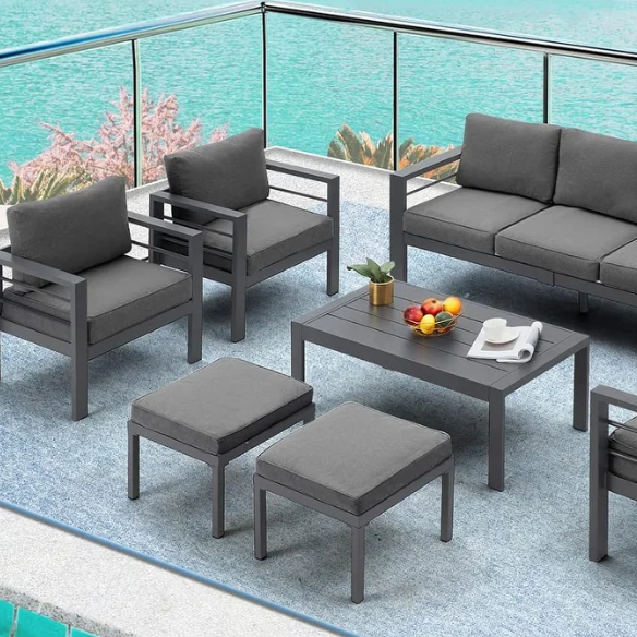Modern Outdoor Patio Furniture Set | 7-Piece Conversation Set with Coffee Table and Cushions | Ideal for Balcony, Porch, and Lawn